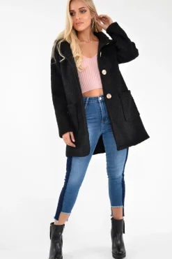 Rebellious Fashion Black Borg Button Front Hooded Coat - Idaliz