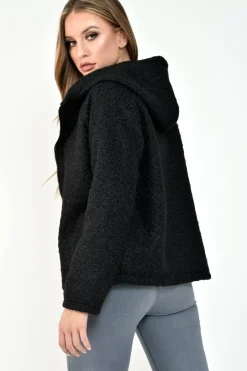 Rebellious Fashion Black Borg Hooded Zipper Front Coat - Bryley
