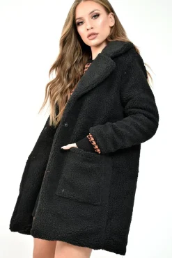 Rebellious Fashion Black Borg Longline Oversized Coat - Acadia