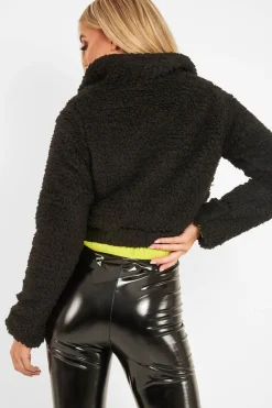 Rebellious Fashion Black Borg Zip Front Crop Jacket - Kazi