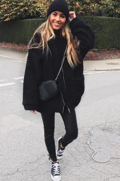 Rebellious Fashion Black Borg Zipper Front Pocket Coat - Jacklynn