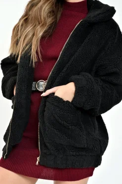Rebellious Fashion Black Borg Zipper Front Pocket Coat - Jacklynn