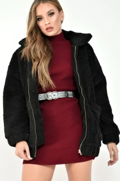 Rebellious Fashion Black Borg Zipper Front Pocket Coat - Jacklynn