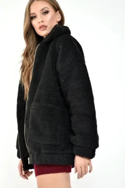 Rebellious Fashion Black Borg Zipper Front Pocket Coat - Jacklynn