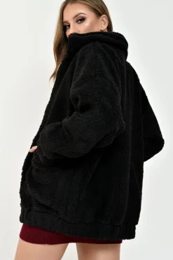 Rebellious Fashion Black Borg Zipper Front Pocket Coat - Jacklynn