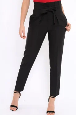 Rebellious Fashion Black Bow Belted Tapered Trousers - Miley