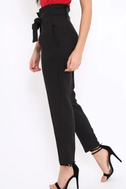 Rebellious Fashion Black Bow Belted Tapered Trousers - Miley
