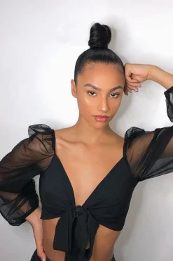Rebellious Fashion Black Bow Front Organza Sleeve Crop Top - Eddie