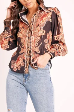 Rebellious Fashion Black Brown Paisley Print Button Front Shirt - Raina