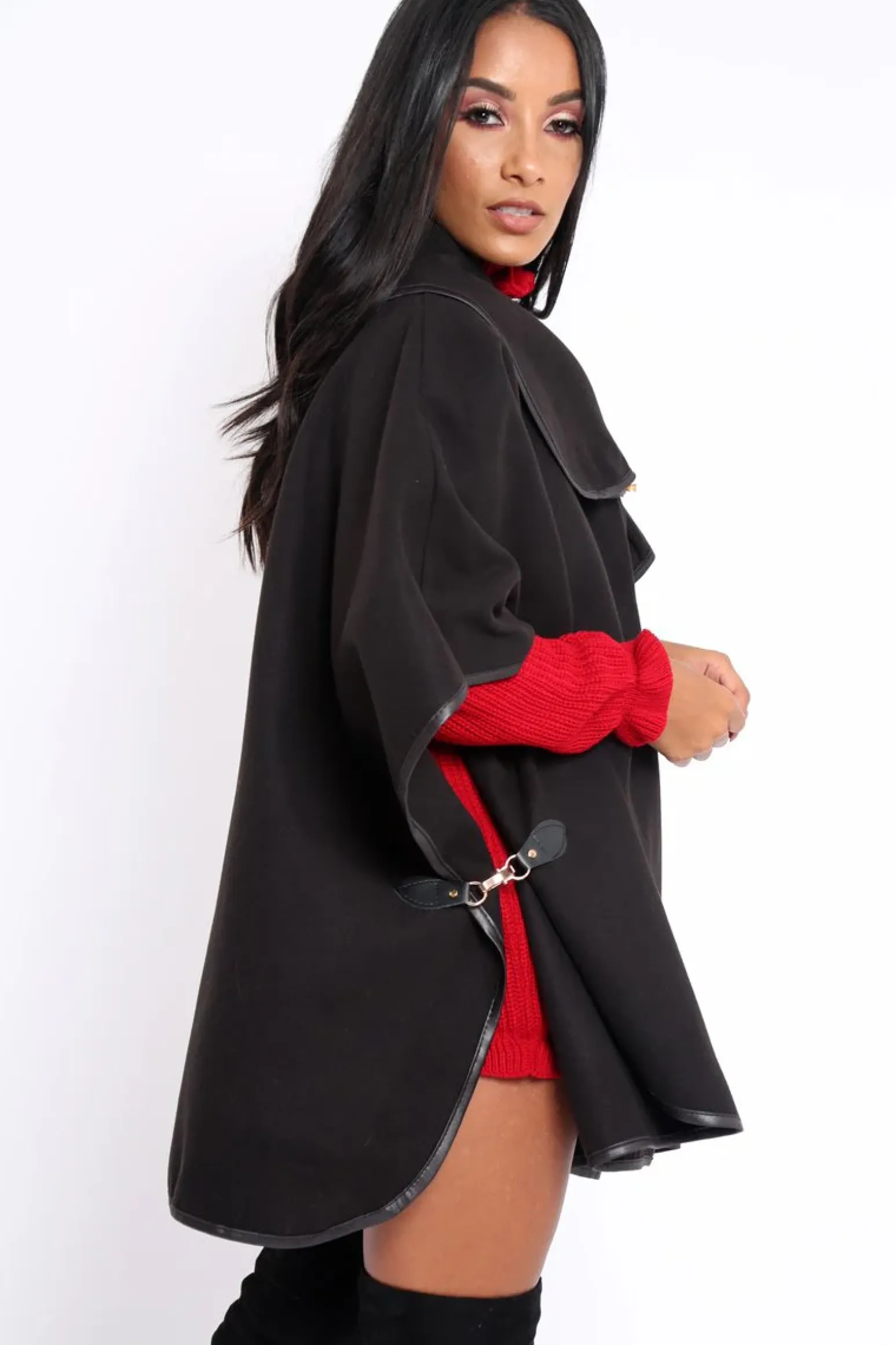 Rebellious Fashion Black Buckle Clasp Poncho - Jozie