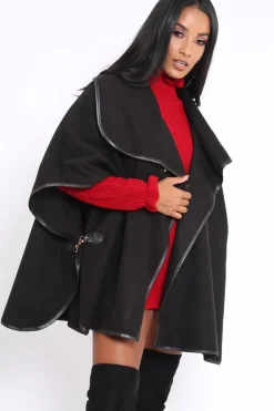 Rebellious Fashion Black Buckle Clasp Poncho - Jozie