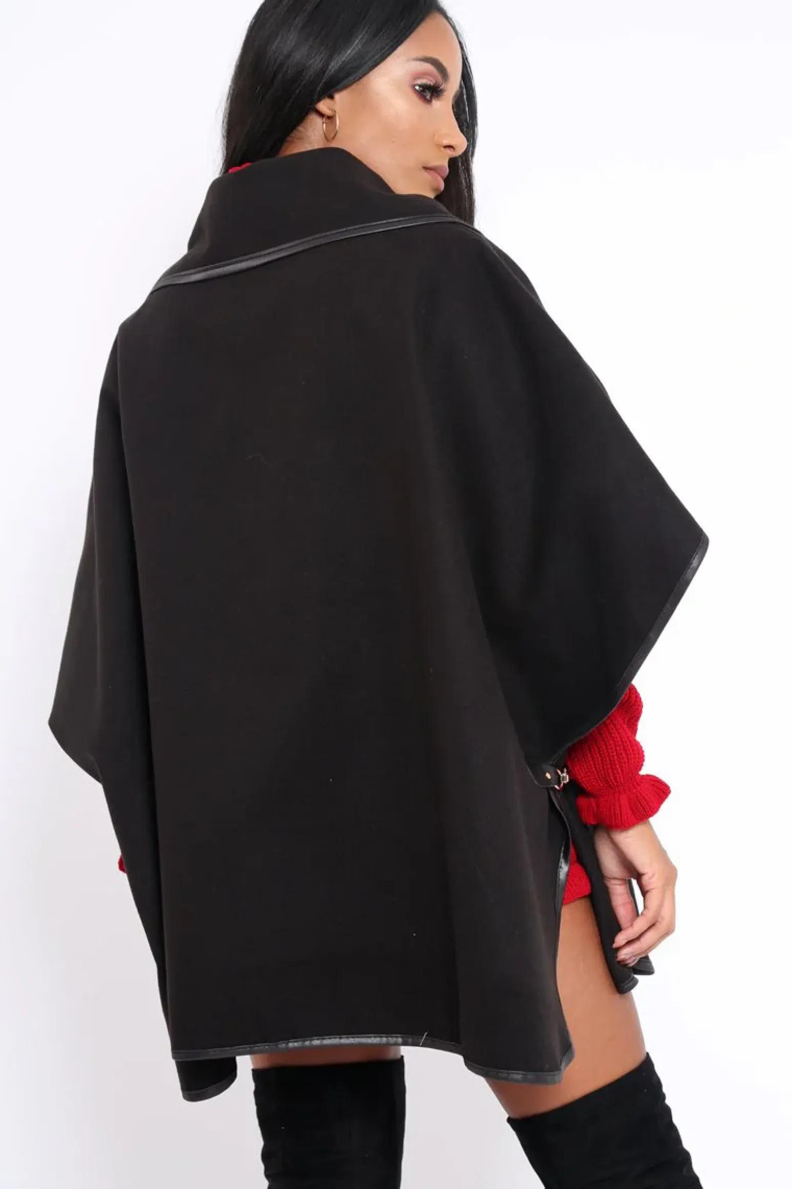 Rebellious Fashion Black Buckle Clasp Poncho - Jozie