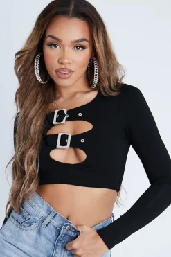 Rebellious Fashion Black Buckled Detail Crop Top - Nala