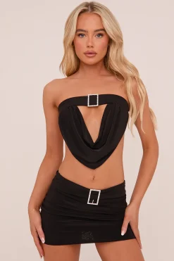Rebellious Fashion Black Buckle Detail Cropped Top & Mini Skirt Co-ord Set - Charlotte