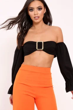 Rebellious Fashion Black Buckle Front Extreme Bardot Crop Top - Theora