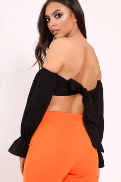 Rebellious Fashion Black Buckle Front Extreme Bardot Crop Top - Theora