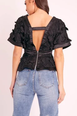 Rebellious Fashion Black Butterfly Applique Plunging Neckline Top - Mallory
