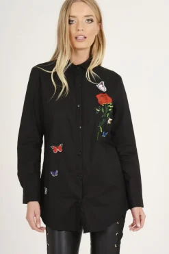 Rebellious Fashion Black Butterfly Embroidered Shirt - Elita