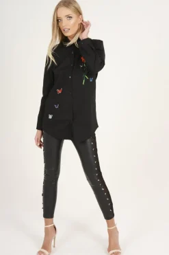 Rebellious Fashion Black Butterfly Embroidered Shirt - Elita