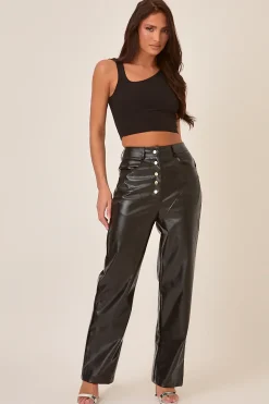 Rebellious Fashion Black Button Front Faux Leather Wide Leg Trousers - Jess