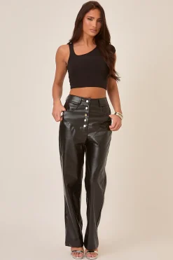Rebellious Fashion Black Button Front Faux Leather Wide Leg Trousers - Jess