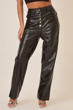 Rebellious Fashion Black Button Front Faux Leather Wide Leg Trousers - Jess