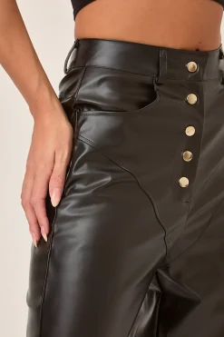 Rebellious Fashion Black Button Front Faux Leather Wide Leg Trousers - Jess