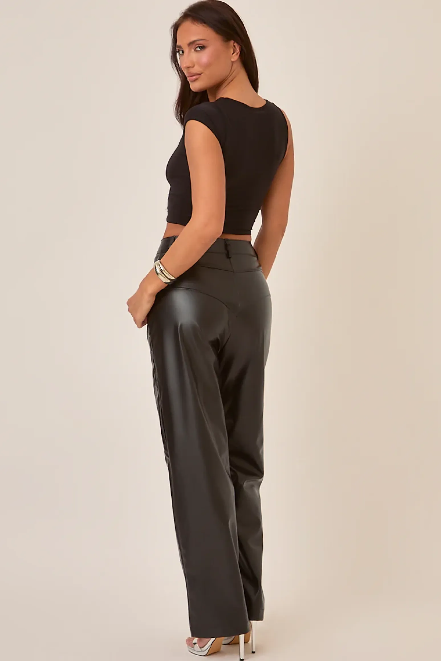 Rebellious Fashion Black Button Front Faux Leather Wide Leg Trousers - Jess