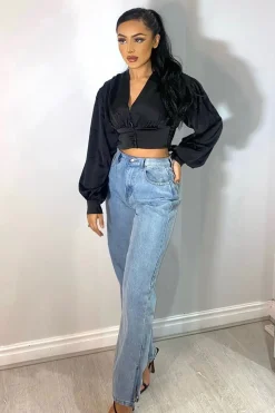 Rebellious Fashion Black Button Front Plunge Satin Crop Top - Khali