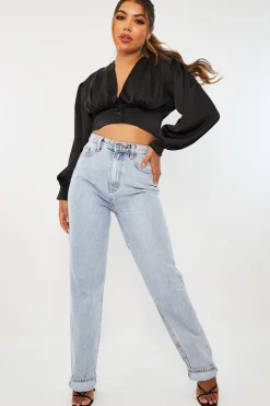 Rebellious Fashion Black Button Front Plunge Satin Crop Top - Khali