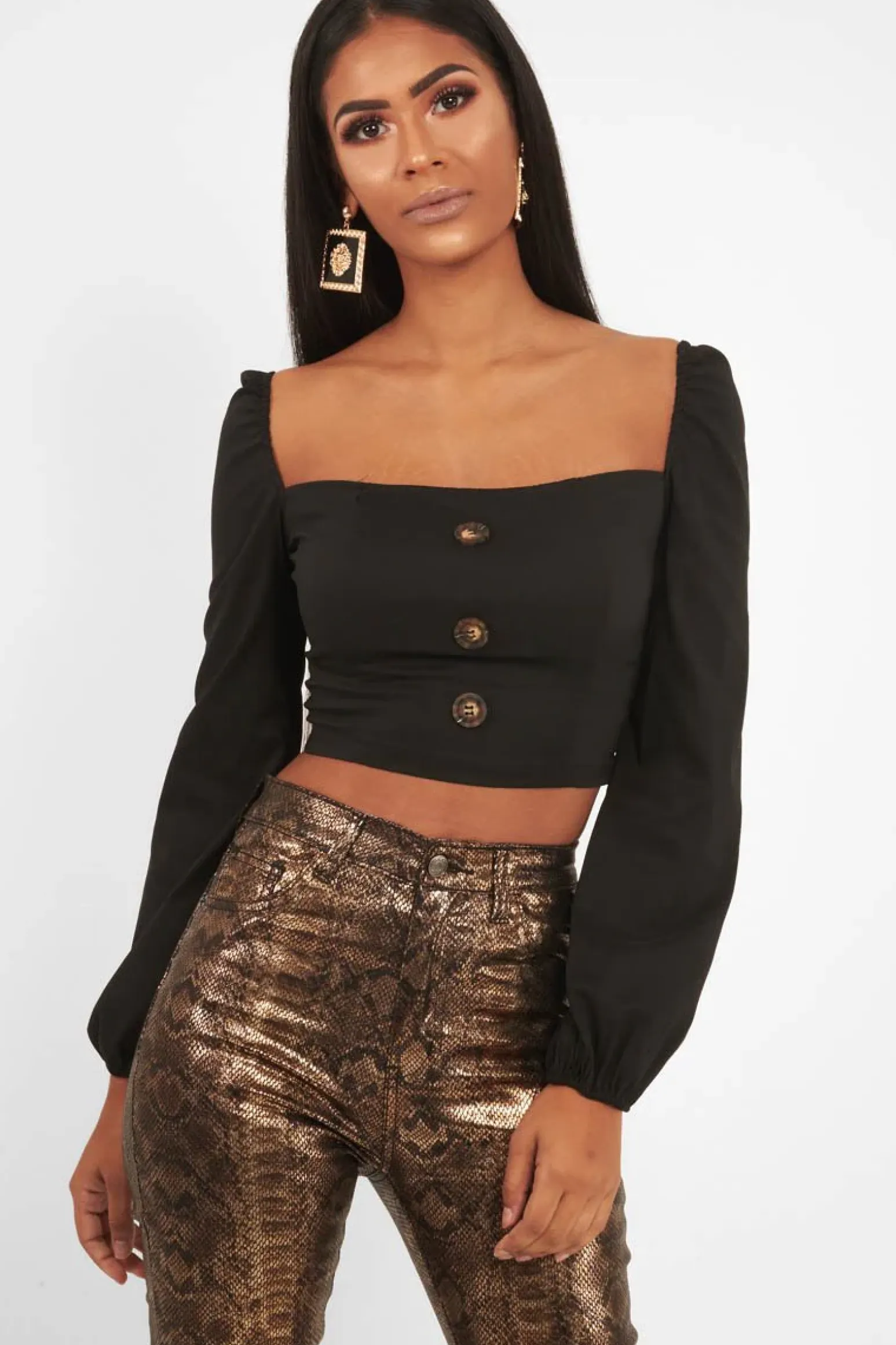 Rebellious Fashion Black Button Front Puff Sleeve Crop Top - Analiese