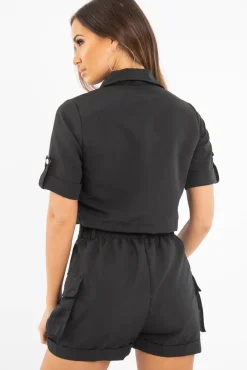 Rebellious Fashion Black Button Front Utility Shirt Shorts Co-ord - Galia