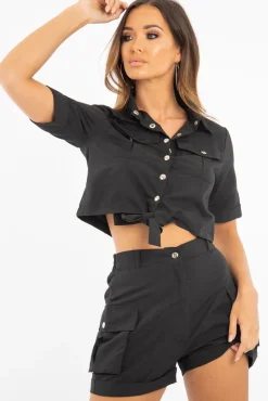 Rebellious Fashion Black Button Front Utility Shirt Shorts Co-ord - Galia