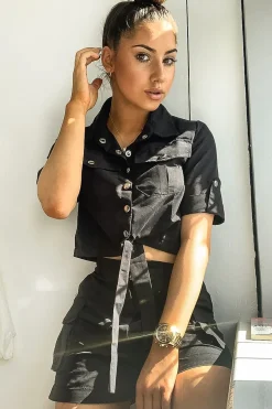 Rebellious Fashion Black Button Front Utility Shirt Shorts Co-ord - Galia