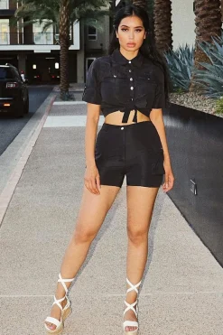 Rebellious Fashion Black Button Front Utility Shirt Shorts Co-ord - Galia