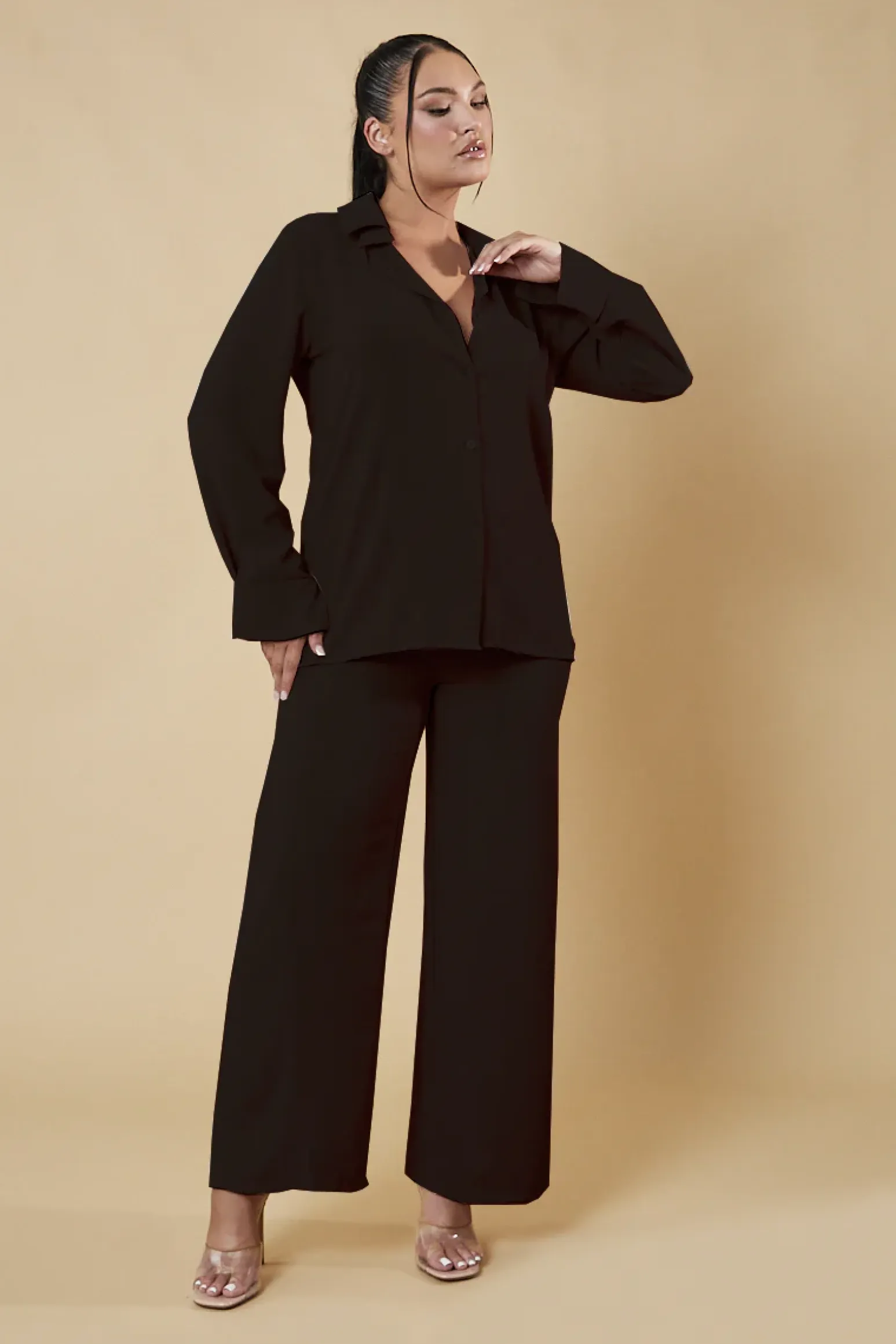 Rebellious Fashion Black Button Up Front Shirt & Wide Leg Trouser Co-ord - Alicia
