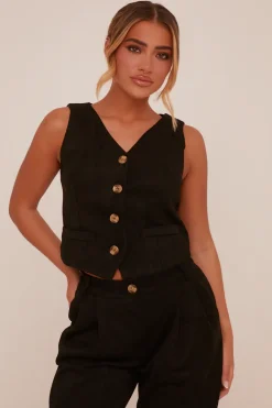 Rebellious Fashion Black Button Up Front Waistcoat - Dinara