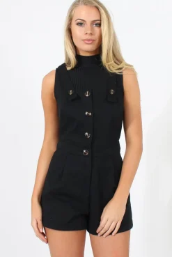 Rebellious Fashion Black Button Up Playsuit - Magda