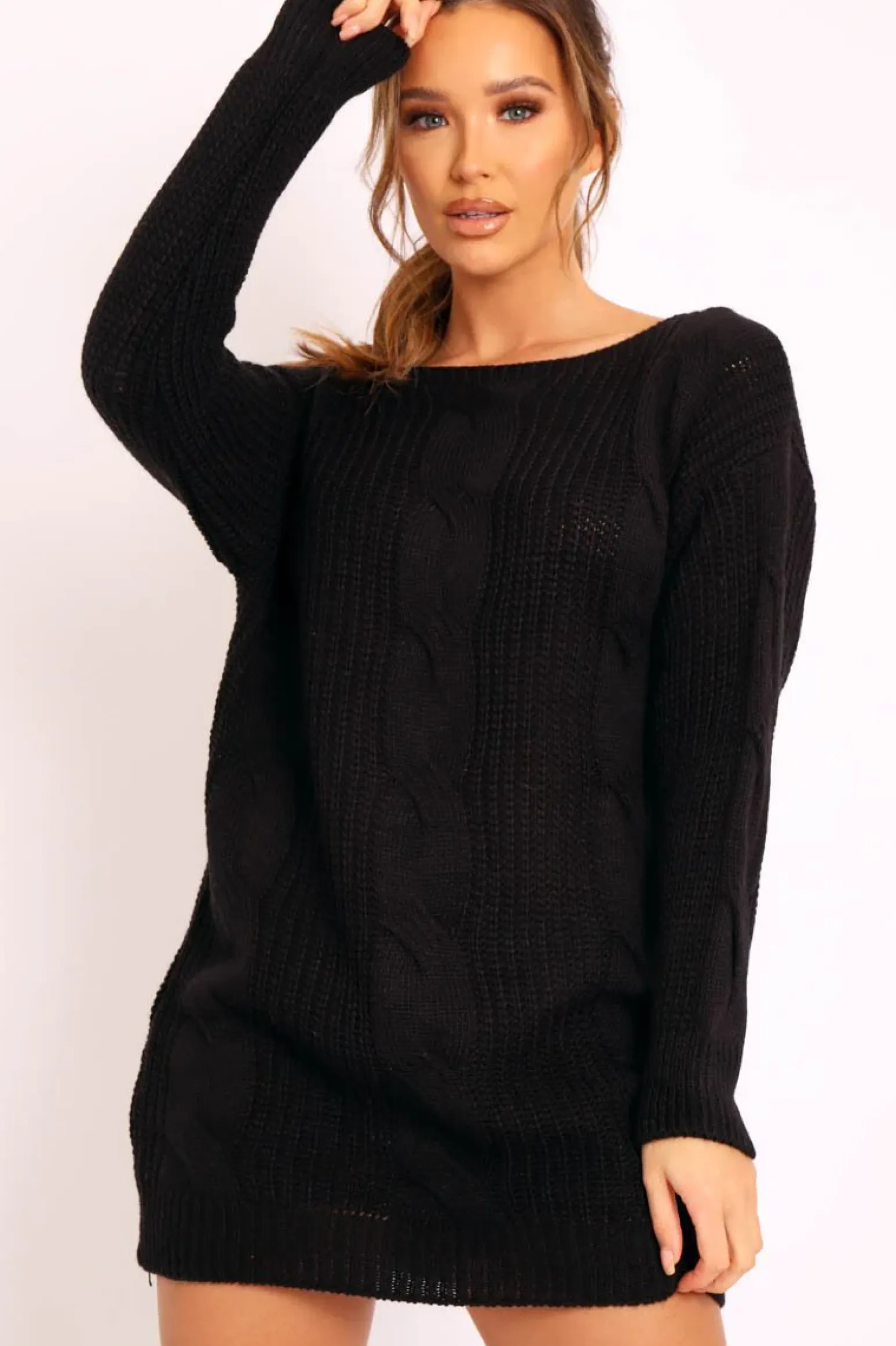 Rebellious Fashion Black Cable Knit Off Shoulder Jumper Dress - Berry