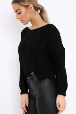 Rebellious Fashion Black Cable Knit Scalloped Hem Jumper - Lilliana