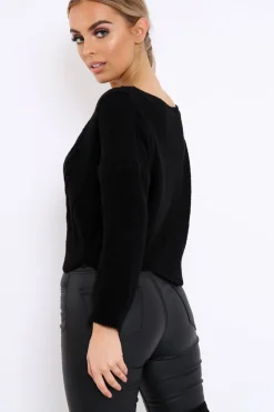 Rebellious Fashion Black Cable Knit Scalloped Hem Jumper - Lilliana