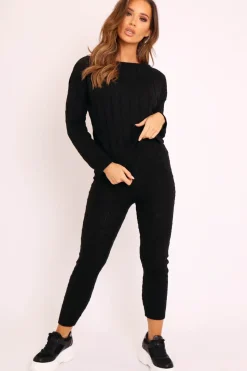 Rebellious Fashion Black Cable Knit Sweater and Leggings Loungewear Co-ord - Ionia