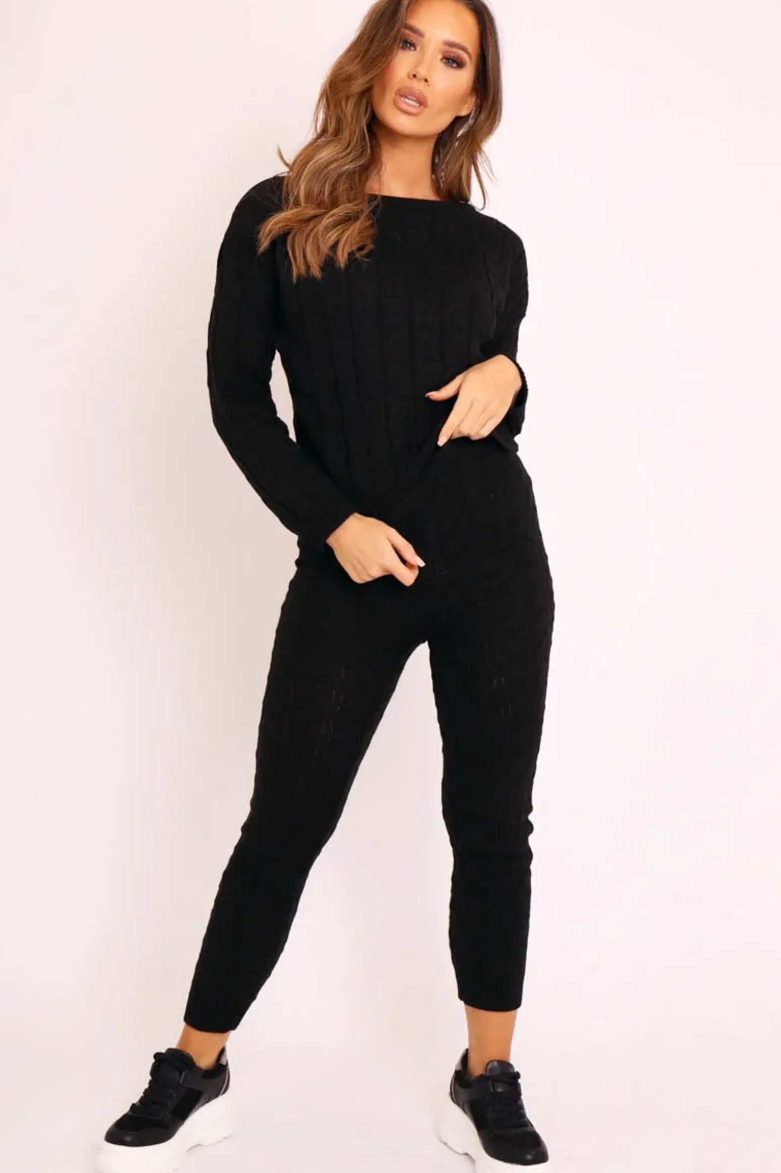 Rebellious Fashion Black Cable Knit Sweater and Leggings Loungewear Co-ord - Ionia