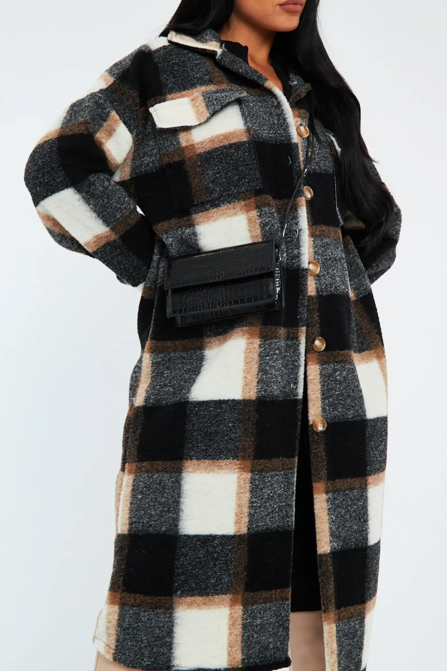 Rebellious Fashion Black Camel Check Pocket Front Longline Shacket - Sanii