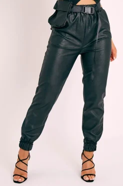Rebellious Fashion Black Cargo Pouch Belted PU Joggers - Mishka