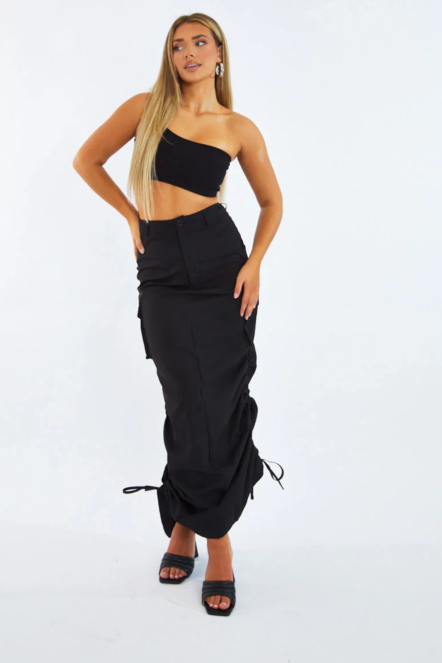 Rebellious Fashion Black Cargo Side Ruched Maxi Skirt - Nikita
