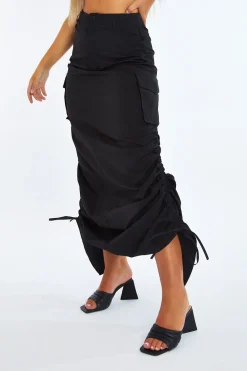 Rebellious Fashion Black Cargo Side Ruched Maxi Skirt - Nikita