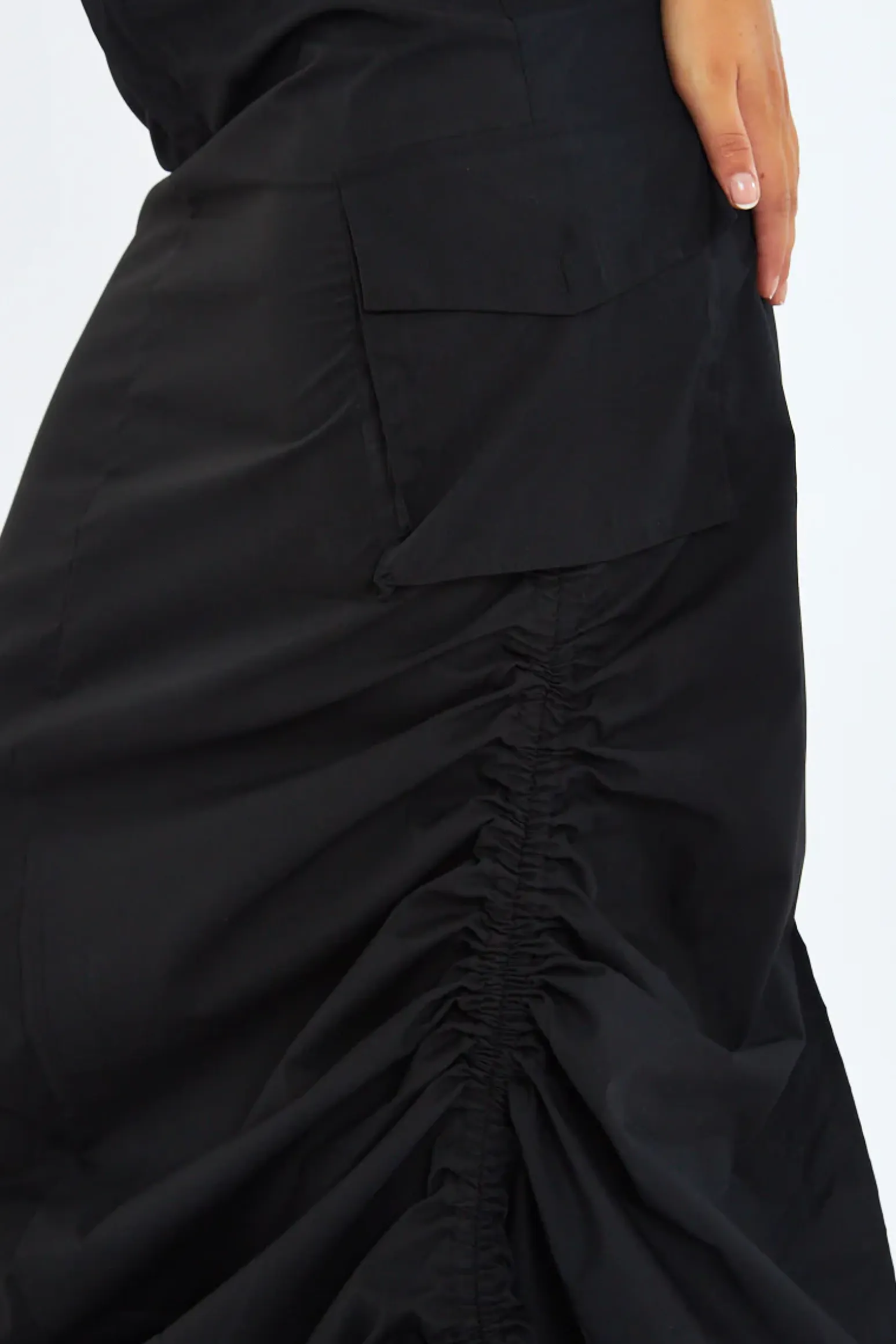 Rebellious Fashion Black Cargo Side Ruched Maxi Skirt - Nikita