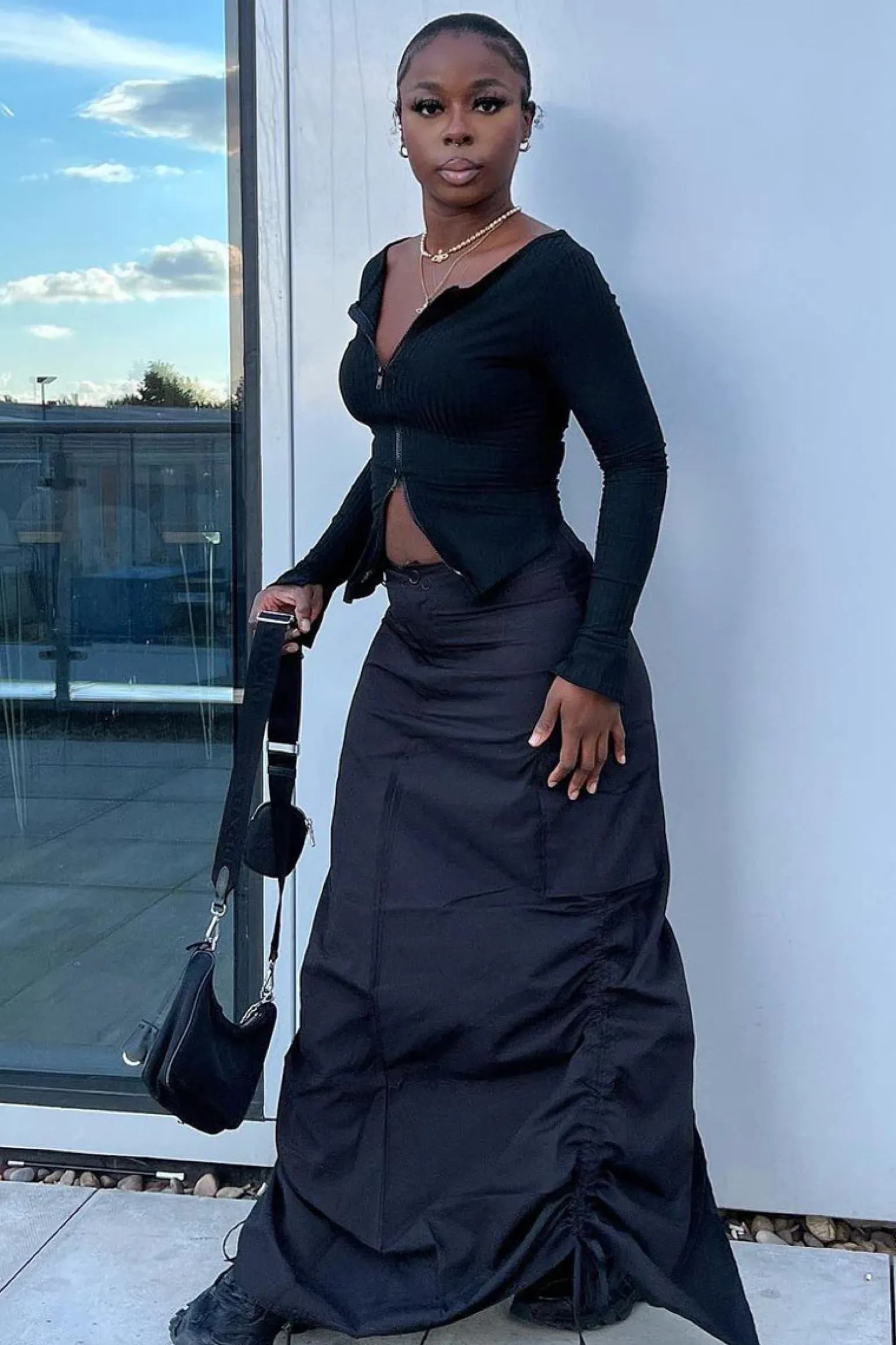 Rebellious Fashion Black Cargo Side Ruched Maxi Skirt - Nikita