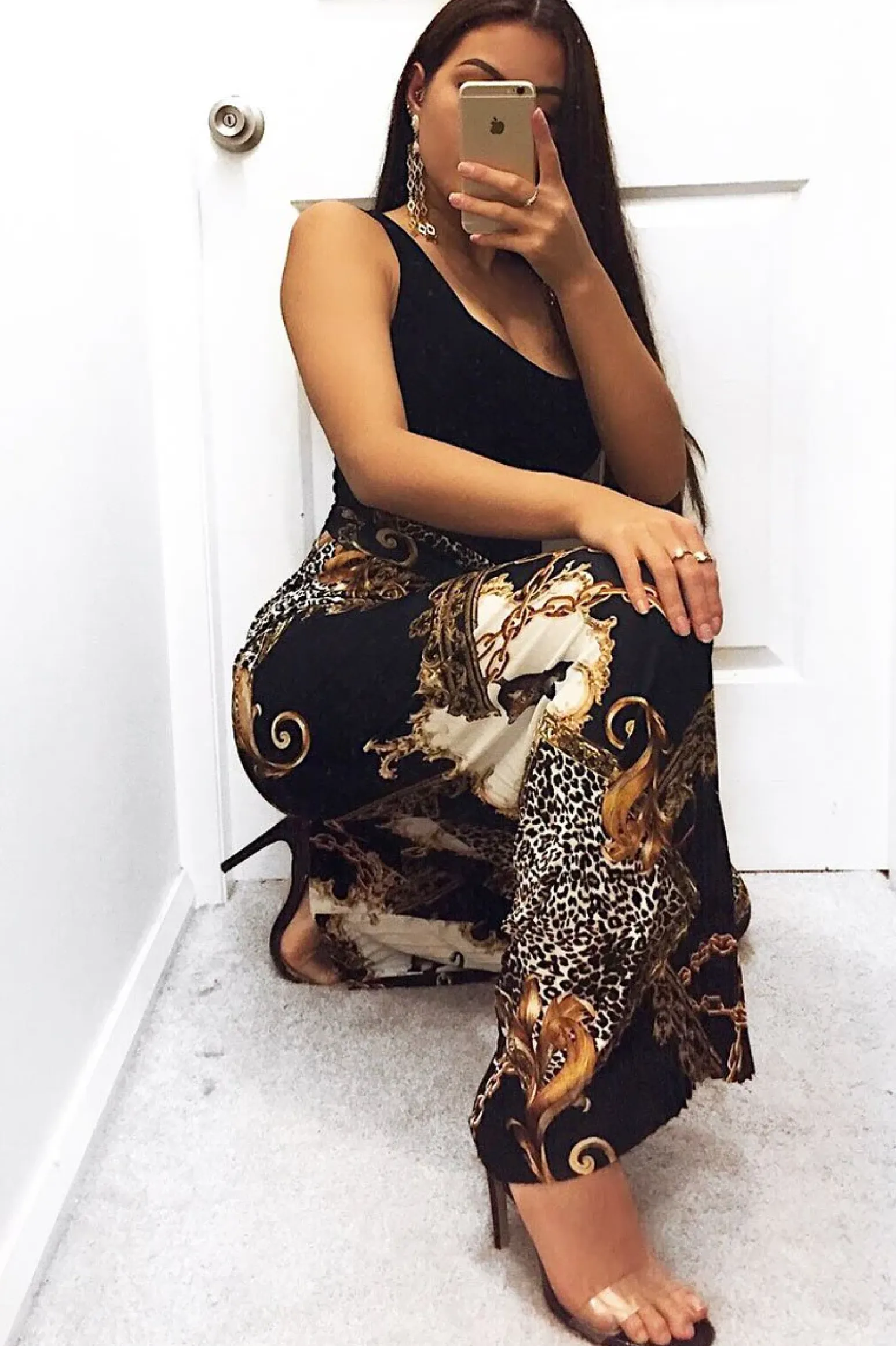 Rebellious Fashion Black Chain Leopard Pleated Wide Leg Trousers - Bess